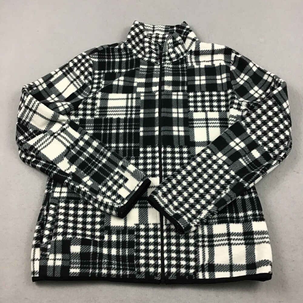 Lauren Ralph Lauren Fleece Jacket Women Medium Black White Plaid Full Zip M *